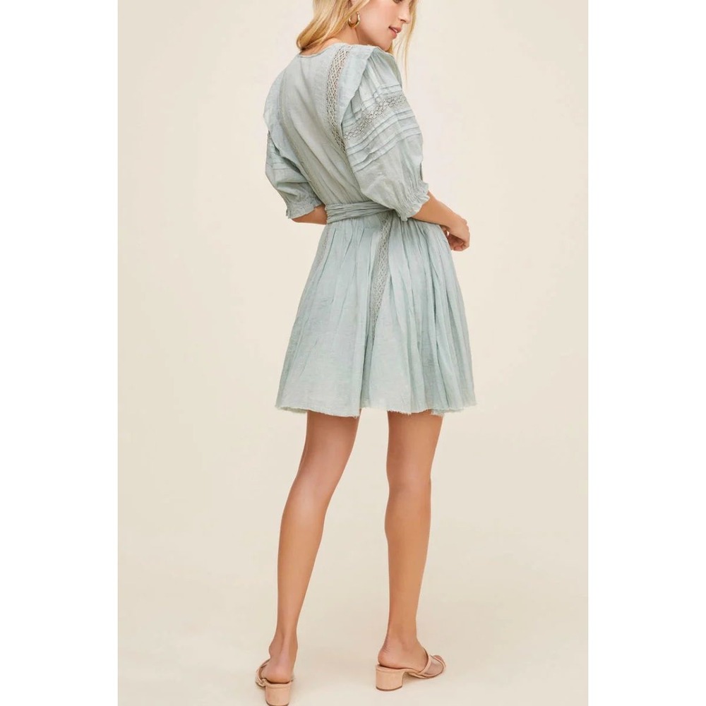 Free People Sydney Mint Green Mini Boho Dress Lace Button Front Balloon Sleeve M - Picture 6 of 10